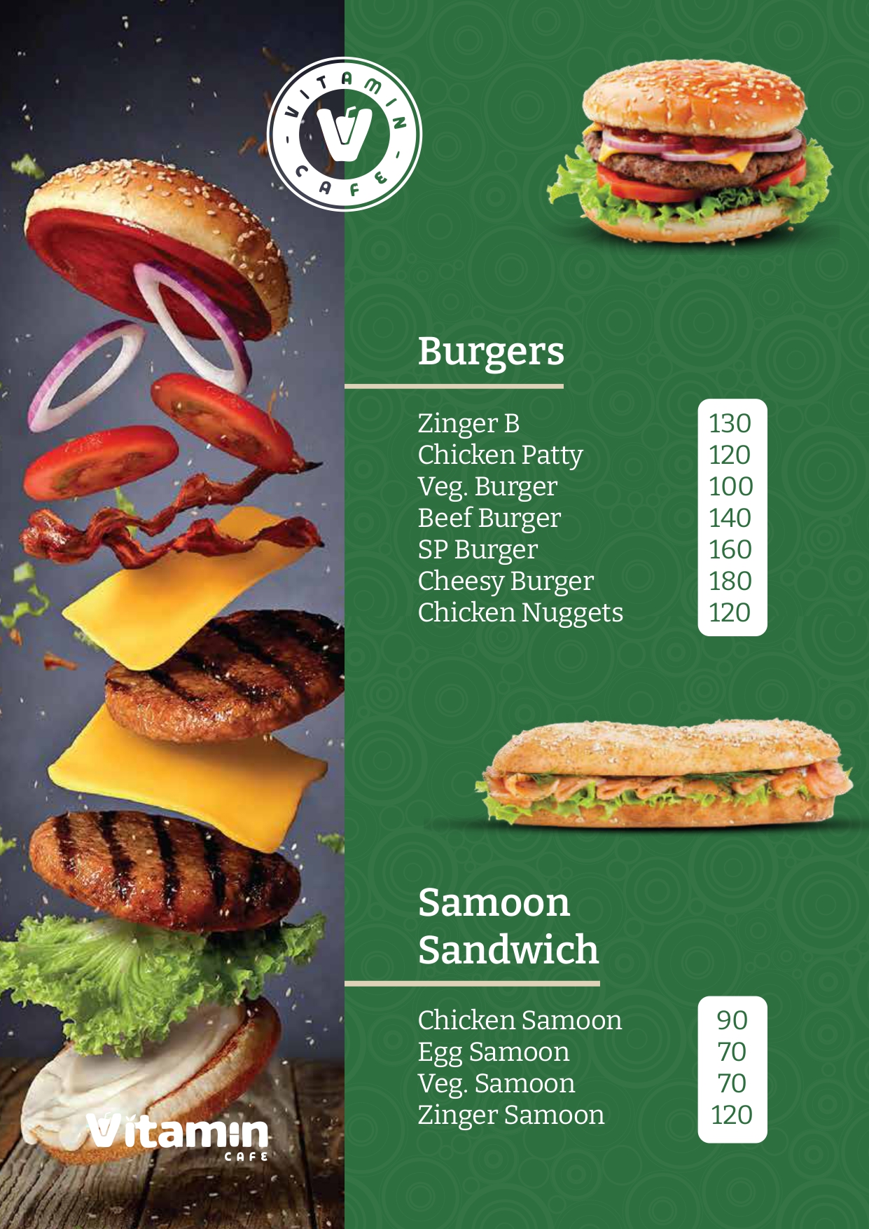 Burgers menu – Vitamin Cafe best burger Parappanagadi